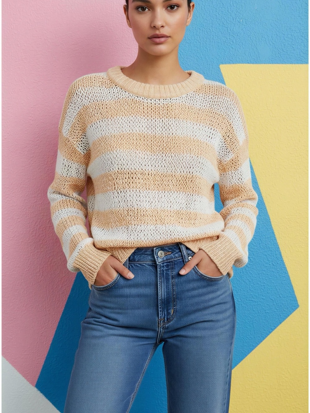 Madewell Striped Crewneck Sweater in Cream and Tan